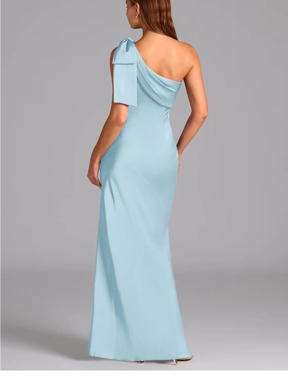 Azazie One-Shoulder Evening Gown in Light Blue with Shoulder Bow - Picture 3 of 9